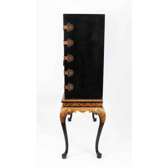 Antique Black Lacquered Marquetry Cocktail Cabinet on Stand, 1930s For Sale - Image 13 of 15