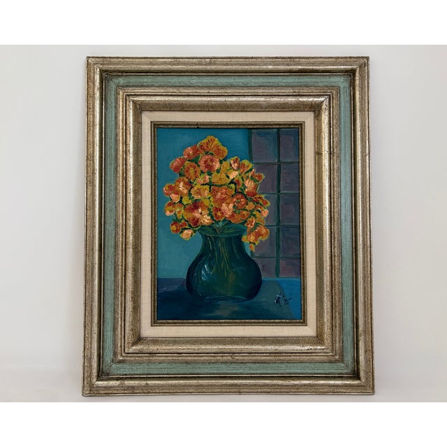 Wood Floral Still Life Original Oil Painting in Silvered Aqua Frame For Sale - Image 7 of 7