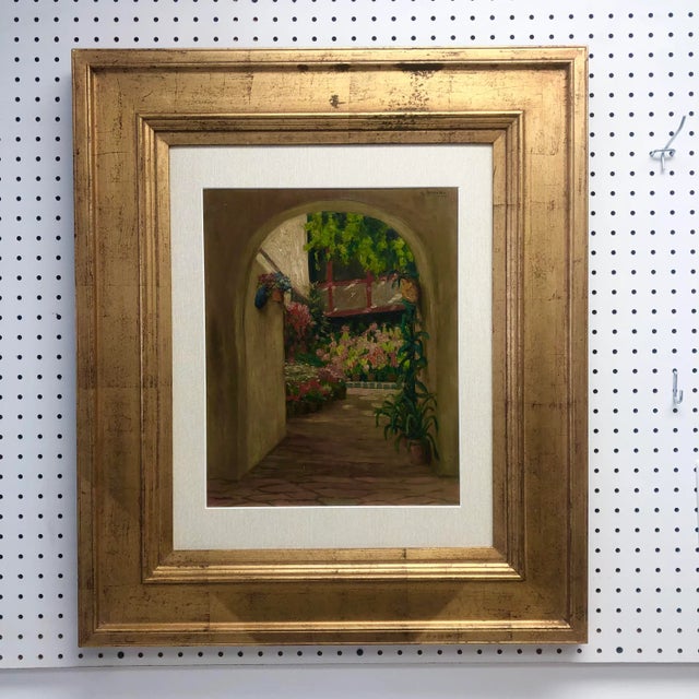 1940s 1940s Interior Garden Courtyard Scene Oil Painting, Framed For Sale - Image 5 of 5