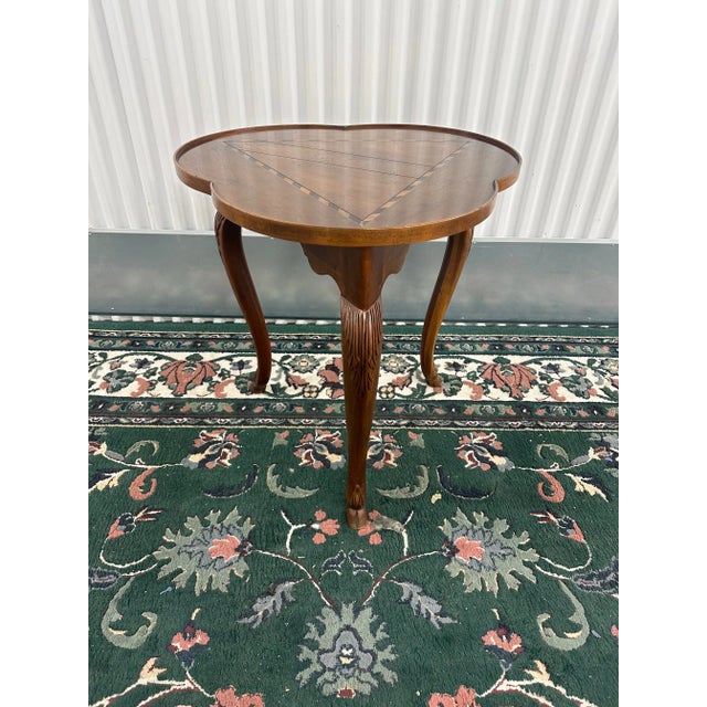 Baker Furniture Company 1970s Baker Cherry Inlaid Clover Leaf Side Table with Carved Details and Hoof Feet For Sale - Image 4 of 7