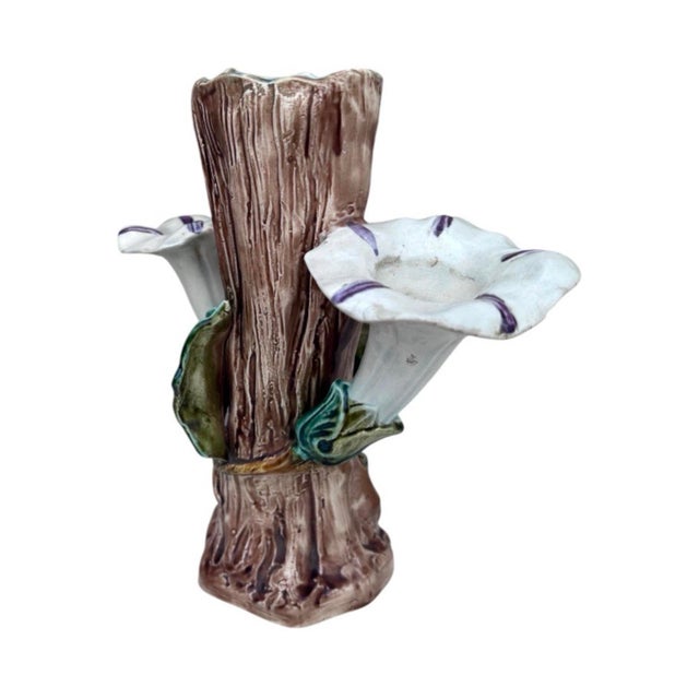 French Majolica morning glory vase circa 1890 attributed to Fives Lille. H / 9.5 inches.