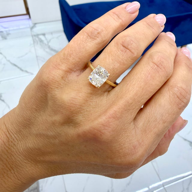 14k Yellow Gold 2.86ct Cushion Cut Lab Grown Diamond Hidden Halo Engagement Ring, Size 7.75 For Sale - Image 9 of 10