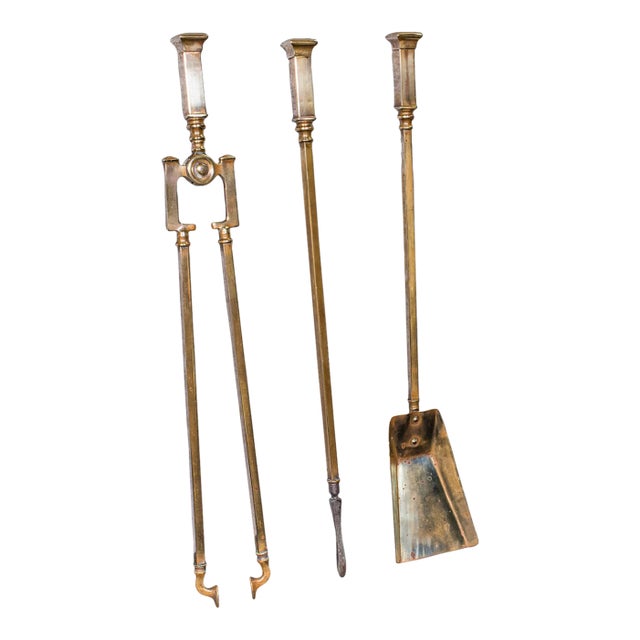 Trio of Antique Fireside Tools, English, Brass, Poker, Tongs, Shovel, Victorian For Sale