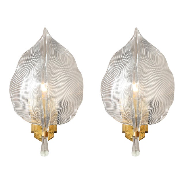 Pair of Mid-Century Hand-Blown Murano Glass Striated Leaf Sconces by Franco Luce For Sale