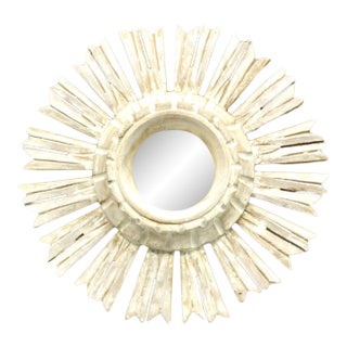 Organic White-Washed Carved Wood Sunburst Mirror For Sale