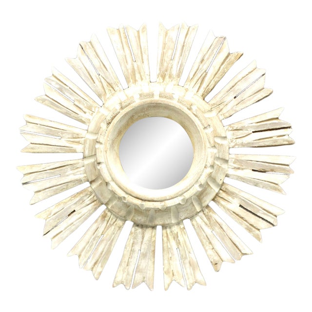 Organic White-Washed Carved Wood Sunburst Mirror For Sale