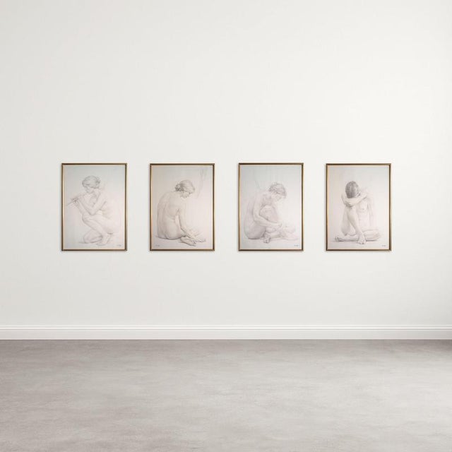 a refined suite of four original graphite drawings depicting a female nude in contemplative poses, conceived as les quatre...