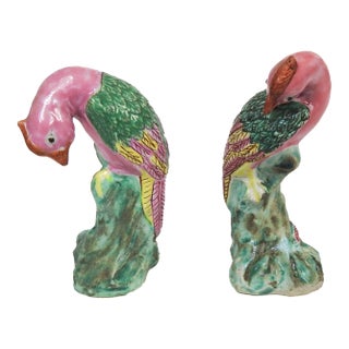 Small Late 19th Century Chinese Export Pink Porcelain Birds - A Pair For Sale