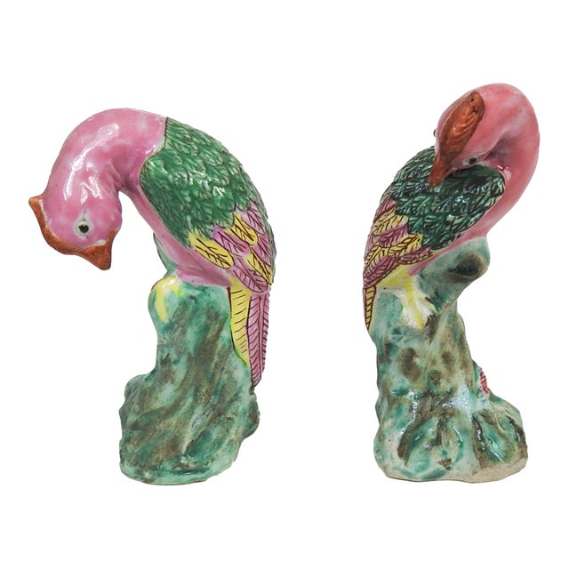 Small Late 19th Century Chinese Export Pink Porcelain Birds - A Pair For Sale