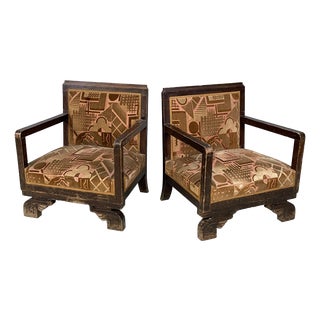 Art Deco Italian Armchairs in Red Yellow Fabric, 1930s, Set of 2 For Sale