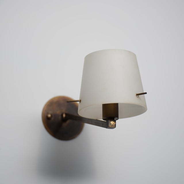 Mid-Century Modern Italian Brass and Opaline Glass Wall Sconces, 1950s, Set of 2 For Sale - Image 3 of 11