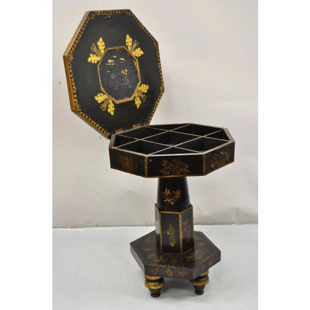 Antique Chinoiserie Gold Gilt Hand Painted Pedestal Base Sewing Box Stand Table. Item features a flip top with fitted...