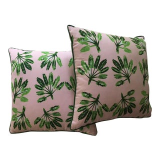 A Pair of Pink & Green Palm Print Pillows For Sale