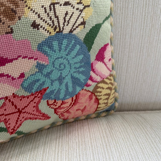 Textile Vintage Needlepoint Seashell and Starfish Decorative Pillow For Sale - Image 7 of 11