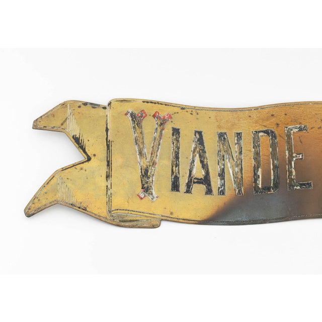 French Boucherie Butcher Shop Sign, circa 1900, banner scroll form brass engraved "Viande 1er Choix" [First Meat Choice],...