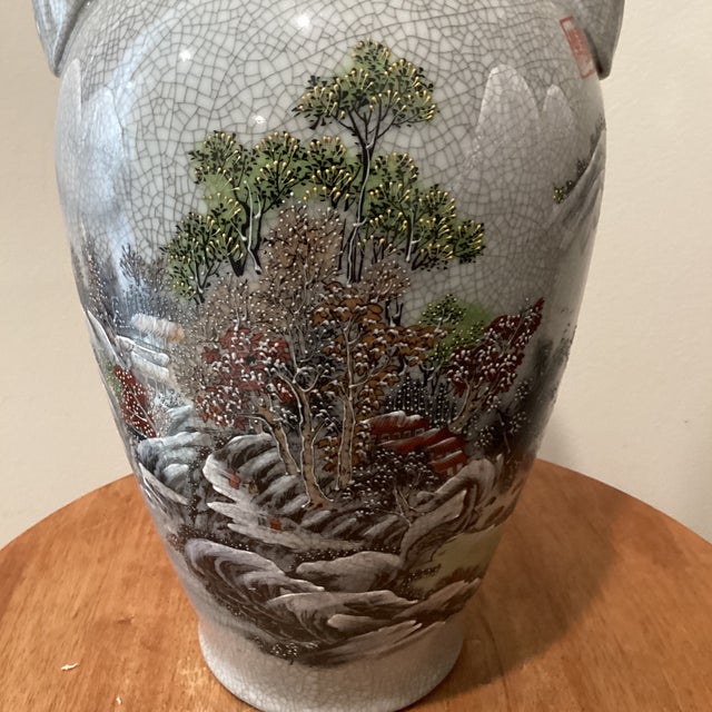 Asian Antique Vintage Asian Celadon Crackle Glaze Vase With Landscape, Calligraphy and Makers Mark For Sale - Image 3 of 12