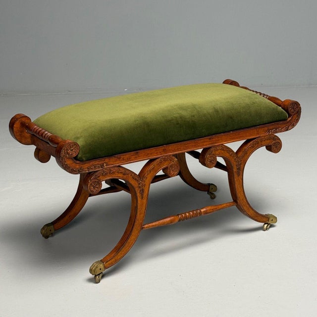 Neoclassical, English Regency Rolling Benches, Carved Wood, Bronze