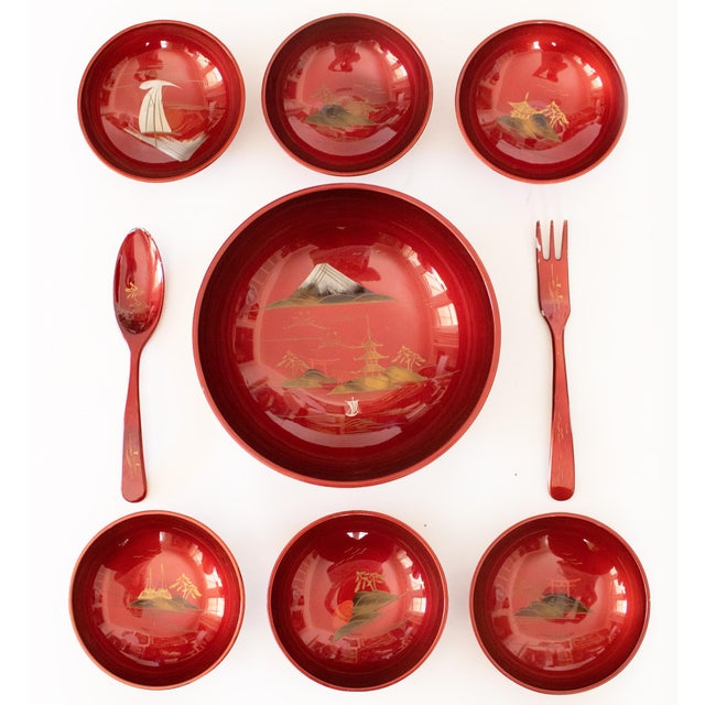 1940s C. 1940s Showa Era Japanese Lacquered Sake and Bowls Sets in Original Cases For Sale - Image 5 of 18