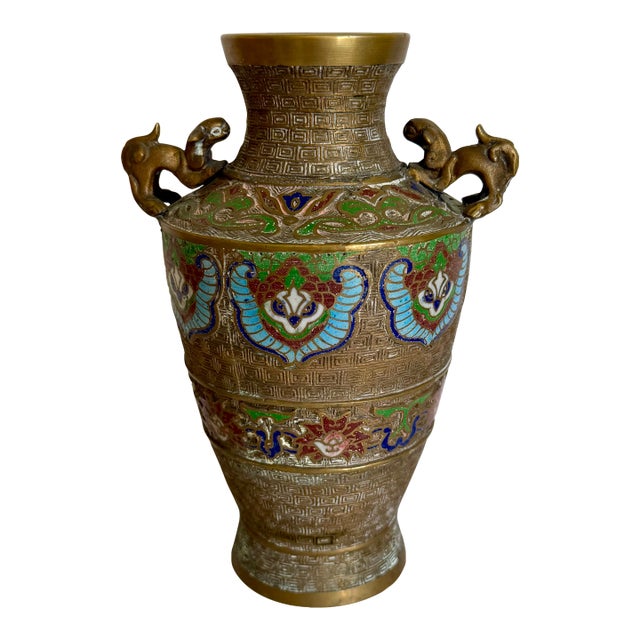 Antique Japanese Champlevé Vase With Foo Dog Handles For Sale
