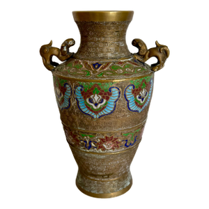 Antique Japanese Champlevé Vase With Foo Dog Handles