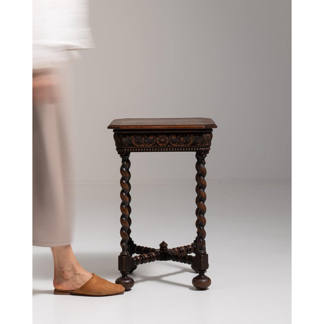 Brown 19th Century France Deep Walnut Brown Carved Barley-Twist Pedestal Side Table For Sale - Image 8 of 11