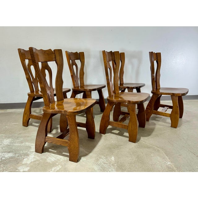 Brutalist 1970s Mid Century Guillerme Et Chambron Style Oak Dining Chairs, Set of 6 For Sale - Image 3 of 12