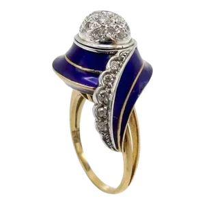Art Deco 18K White and Yellow Gold, Blue Enamel, and Diamond Ring Size 7.5