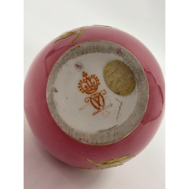 Antique Royal Crown Derby England Hand Painted, Gilt Pink Porcelain Double Handled Amphora Vase. Measures: 4in H. Circa...