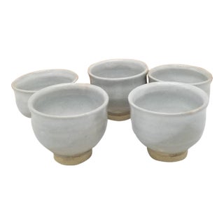 Vintage Japanese White Glazed Yunomi Tea Cups Set of 5 With Signed Wooden Box For Sale