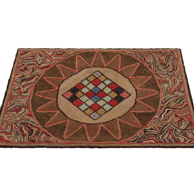 1920s Antique Framed Hooked Rug, Brown With Colorful Medallion Mosaic - Rug & Kilim For Sale - Image 5 of 7