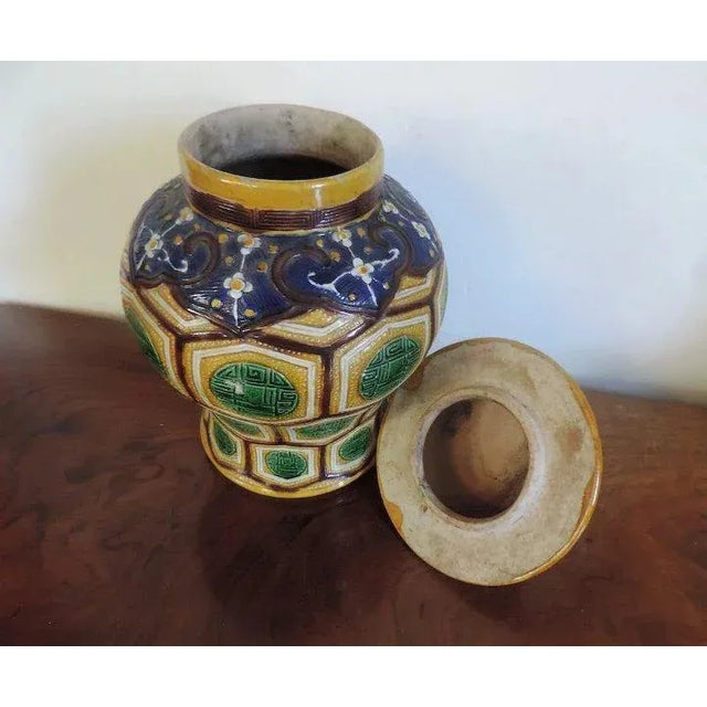 Blue 19th Century Chinese Sancai Palette Porcelain Baluster Shaped Vase & Cover Kangxi Marks For Sale - Image 8 of 11