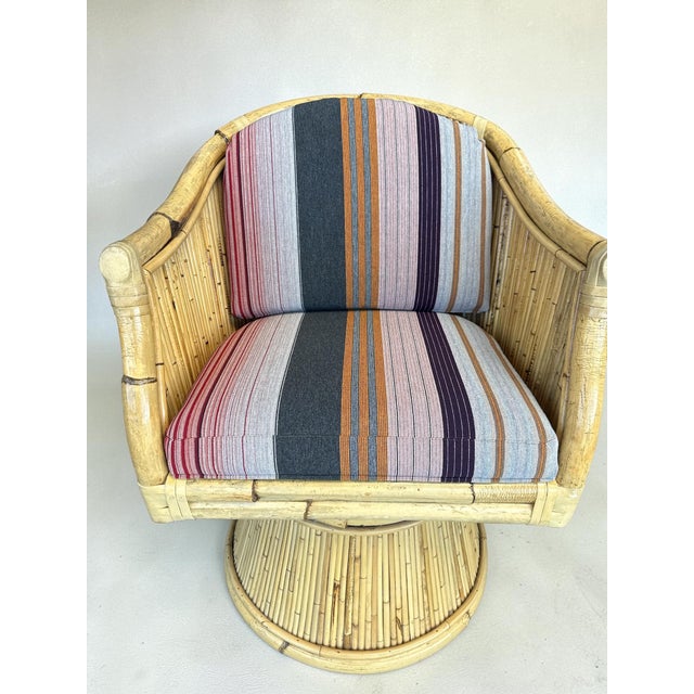 Rare Set of 4 McGuire Bamboo Rocking Swivel Lounge Chairs in Knoll “Stripe It” With Matching Table, Circa 1980s For Sale In Reno/Lake Tahoe - Image 6 of 13