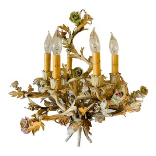 1960s Italian Metal Tole Chandelier With Porcelain Roses For Sale