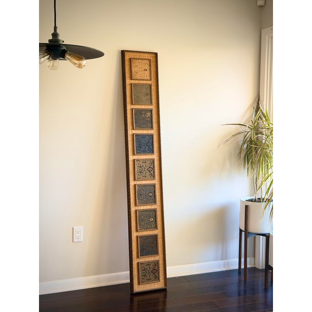 Oversized Tall Vertical Textile Panel With Batik Insets and Grasscloth Backing, Carved Custom Wood Frame, Architectural Wall Art For Sale - Image 11 of 12
