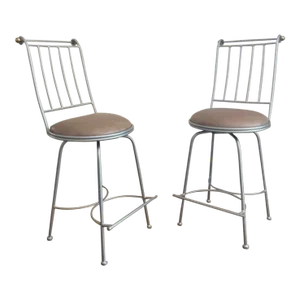 Mid Century Modern Charleston Forge Restored Brass Silver & Leather Swivel Barstools- a Pair