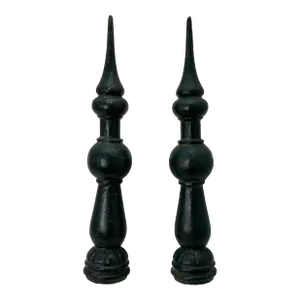 Matched Pair of Antique Victorian Architectural Solid Cast Iron Fence Post Pediments - Spikes 16 Inches Tall