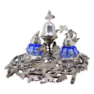 Silver Inkwell with Grape Bunches, Leaves, Trunks and Blue Glass Containers For Sale