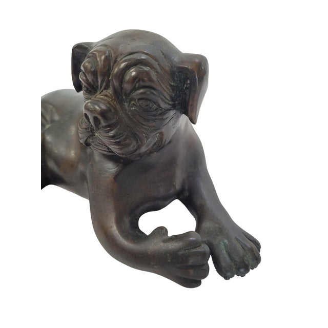 This charming, solid bronze sculpture depicts a recumbent pug or bulldog puppy, rendered with expressive detail and...