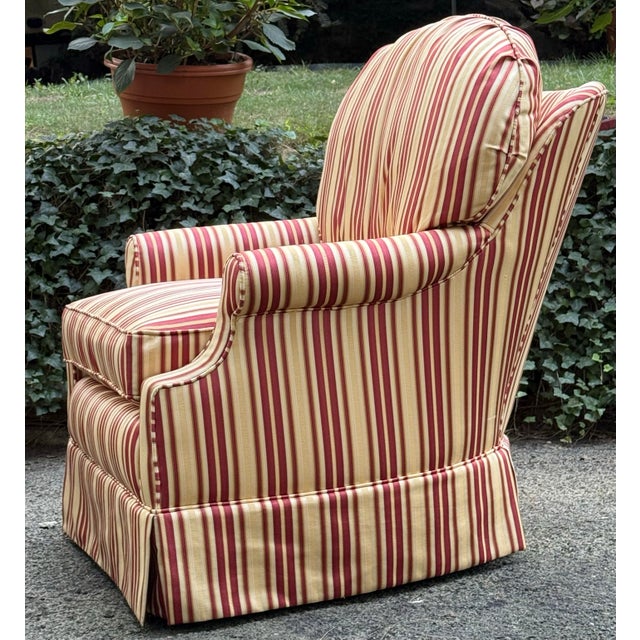 Traditional Calico Corners Rolled Arm Skirted Swivel Lounge Chairs - A Pair For Sale - Image 3 of 9