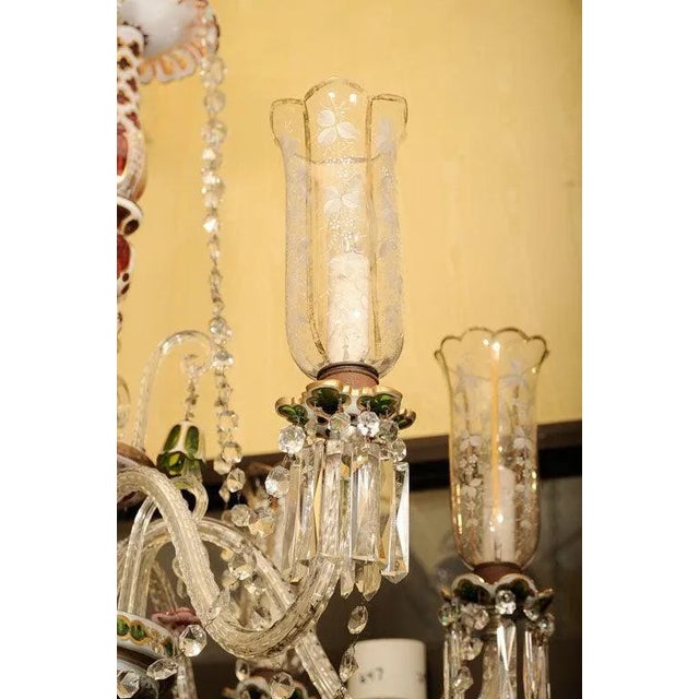 Boho Chic Bohemian Green Ruby Red and White Overlay Glass Chandelier For Sale - Image 3 of 8