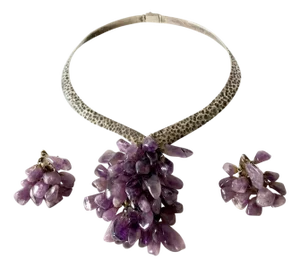 Los Castillo Sterling Silver Amethyst Mexican Modernist Necklace Earrings Set
