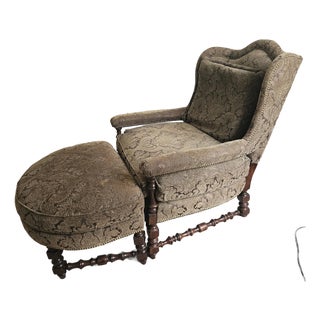 1980s Vintage Guy Chaddock & Company Chenille Wingback Chair With Ottoman For Sale
