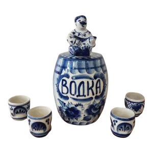 Vintage Russian Gzhel Porcelain Vodka Dispenser With 4 Shot Glasses