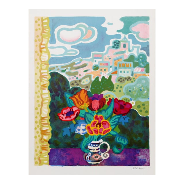 Flowers on Window Sill by Guy Charon Lithograph For Sale