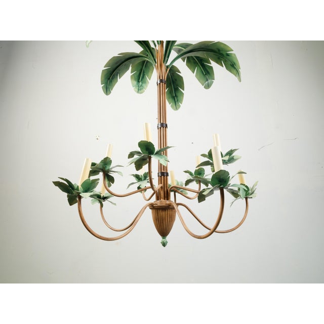 Mid 20th Century Mid-Century Modern Painted Tôle 10-Arm Palm Tree Light Fixture with Green Leaves For Sale - Image 9 of 10