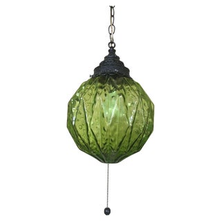 Mid-Century Green Glass Hanging Swag Lamp For Sale
