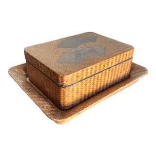 Antique Japanese Lacquer Cigarette Box Set With Bamboo & Silver Insert For Sale