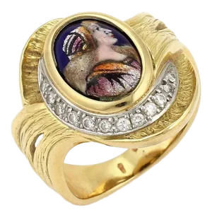 Mitsuo Kaji Diamond Cameo Painted Porcelain Platinum 18k Gold Ring - Size 6.5