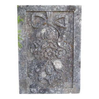 Small Italian Limestone Bas Relief Plaque, Crinkled Ribbon and Fruit Carvings For Sale