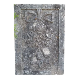 Small Italian Limestone Bas Relief Plaque, Crinkled Ribbon and Fruit Carvings